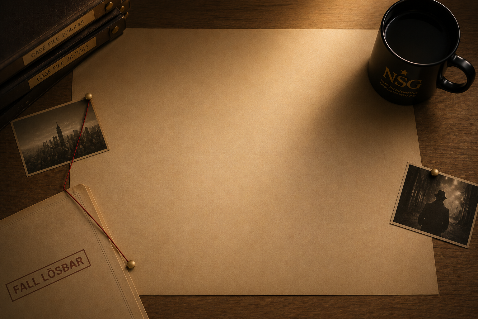 Schreibtisch mit Fallakten, Notizen und Kaffeetasse